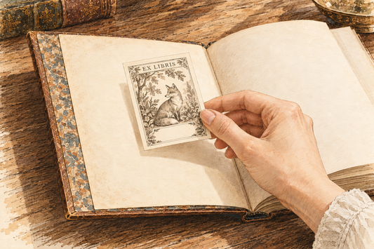 Illustration à l’encre et à l’aquarelle d’une main tenant un ex-libris orné d’un renard et portant la mention « EX LIBRIS », au-dessus d’un livre ancien ouvert.
