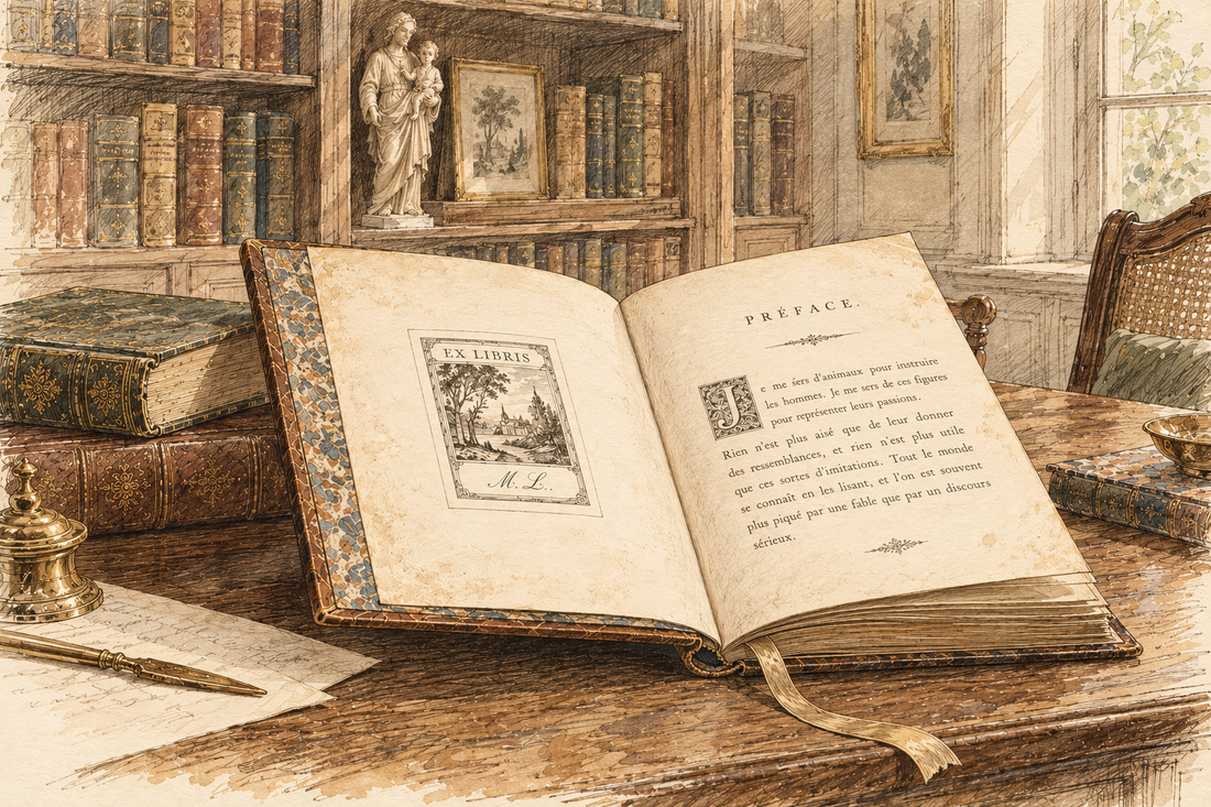 Illustration d’un livre ancien ouvert dans une bibliothèque, avec un ex-libris illustré collé sur la page de gauche.