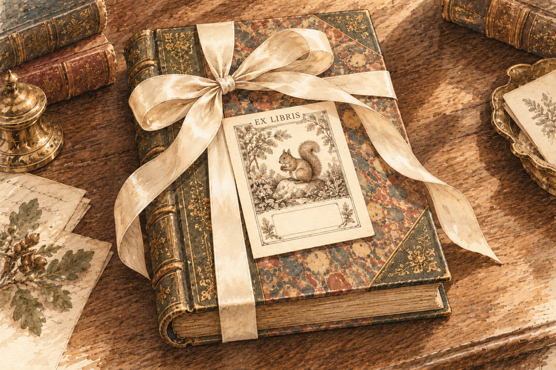 Livre ancien noué d’un ruban crème, avec un ex-libris illustré d’un écureuil posé sur sa couverture.