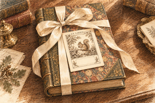 Livre ancien noué d’un ruban crème, avec un ex-libris illustré d’un écureuil posé sur sa couverture.